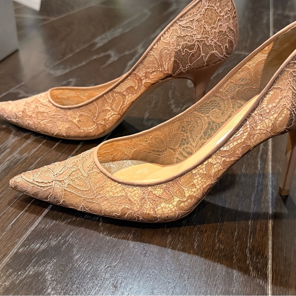 Jimmy Choo Agnes Lace Heels in Tan